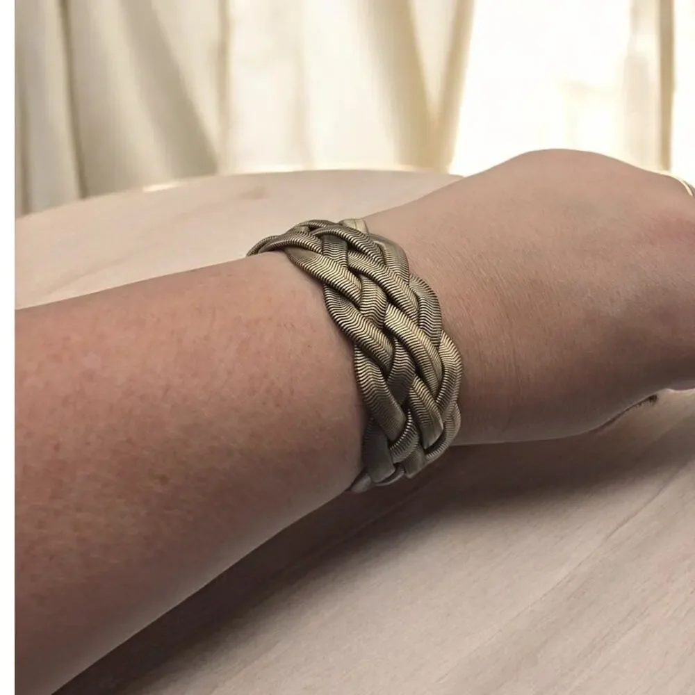 Woven Gold Tone Herringbone Bracelet Sculptural Statement Quiet Luxury